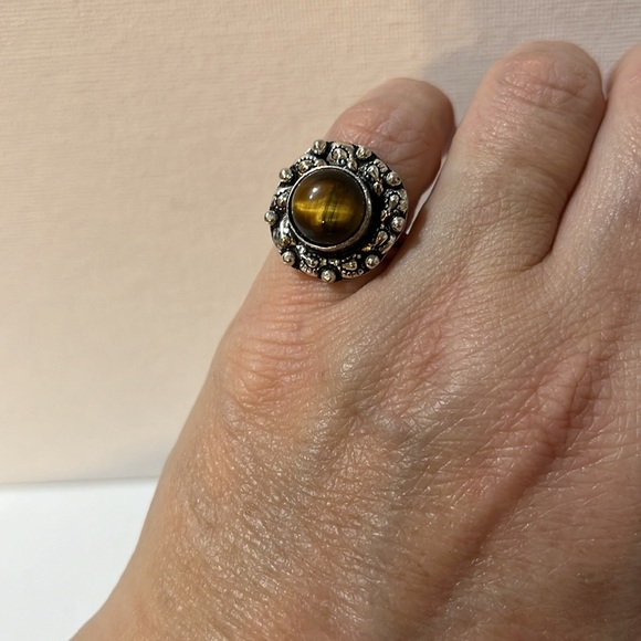 925 SILVER OVERLAY GEMSTONE RING TIGERS EYE SIZE 5.5-5.75 - Picture 8 of 8